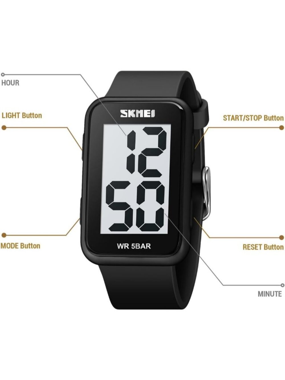 Unisex White Black Large Numbers Display Waterproof Square Case Digital Watch - Picture 3 of 6